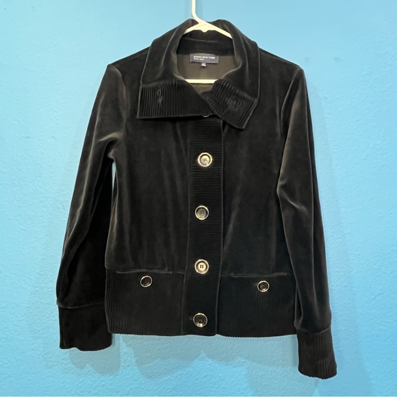 Jones New York Black Velvet Velour Large Button Tracksuit Women Size Medium - Picture 3 of 16